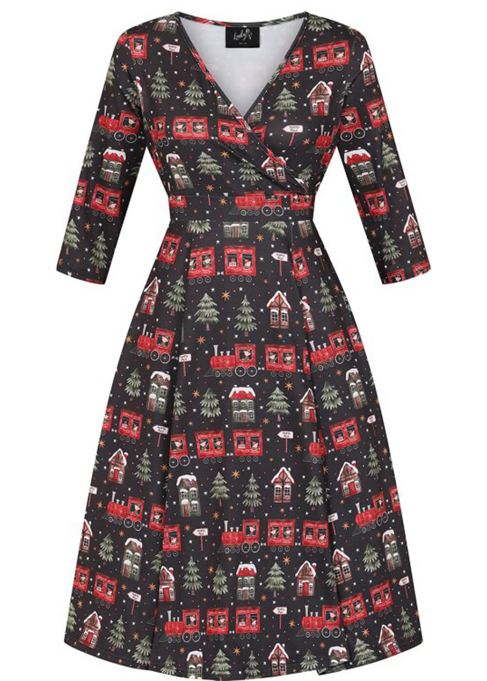 Lady V Lyra Xmas Express Christmas 50 s Swing Dress Black www.succubus.us